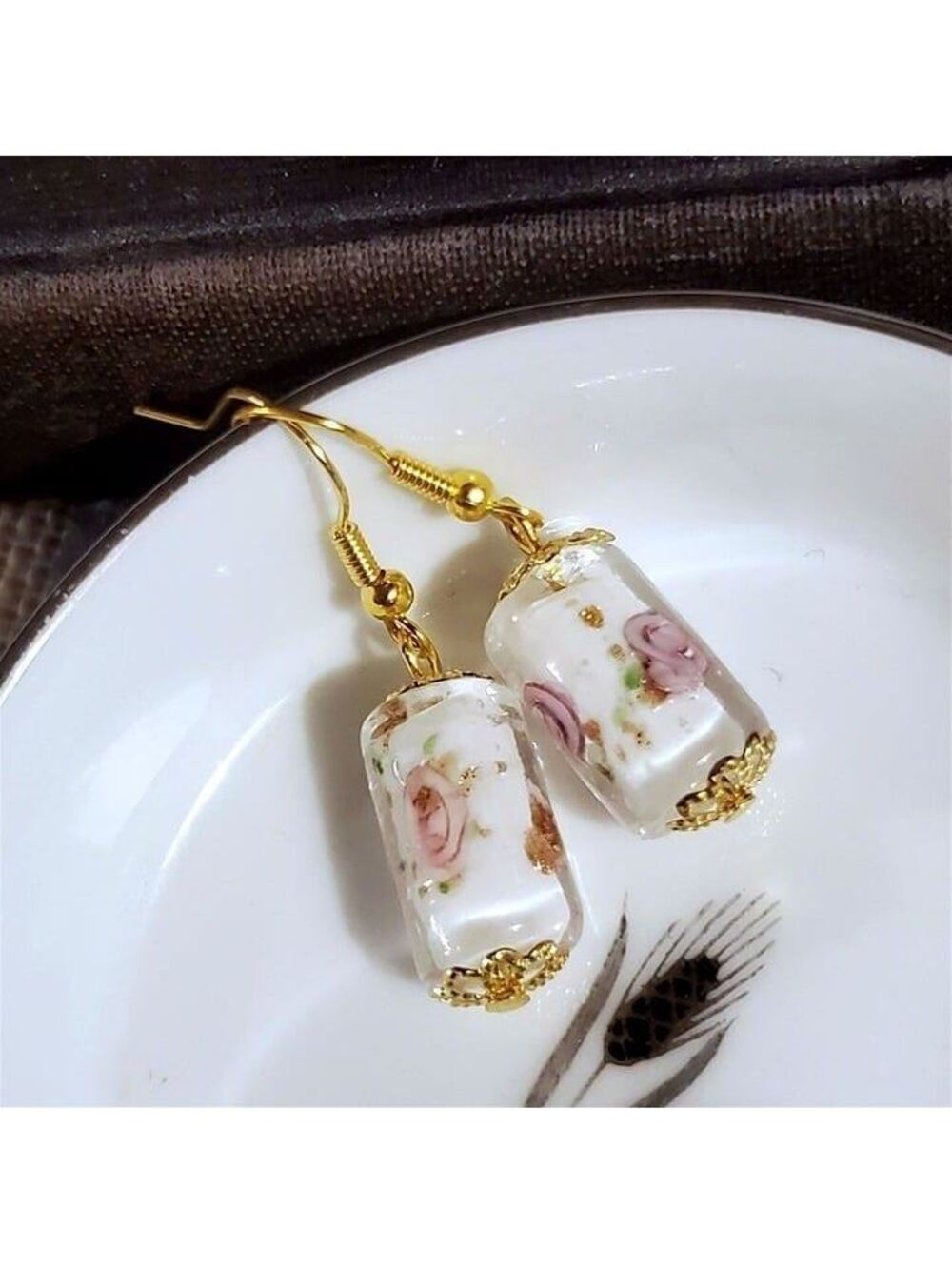White Murano Lampwork Glass Flower Inside Vintage Beads Round Tube Earrings